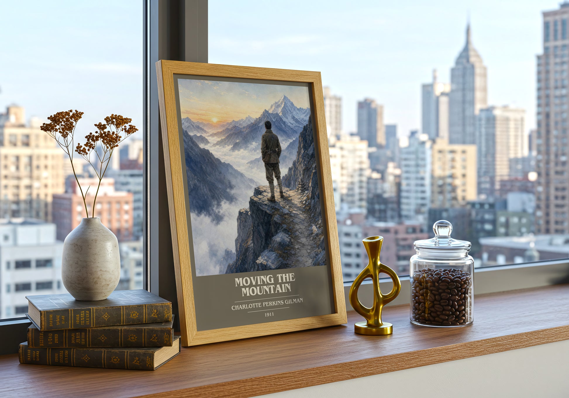 Moving The Mountain book cover print framed by window – literary home decor