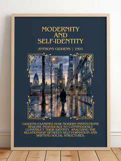 Modernity and self-identity Minimalist Book Poster by Anthony Giddens – framed print leaning on a wooden floor