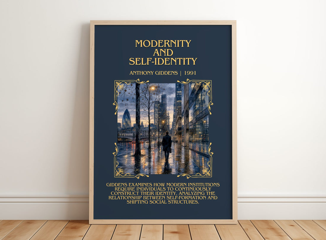 Modernity and self-identity Minimalist Book Poster by Anthony Giddens – framed print leaning on a wooden floor