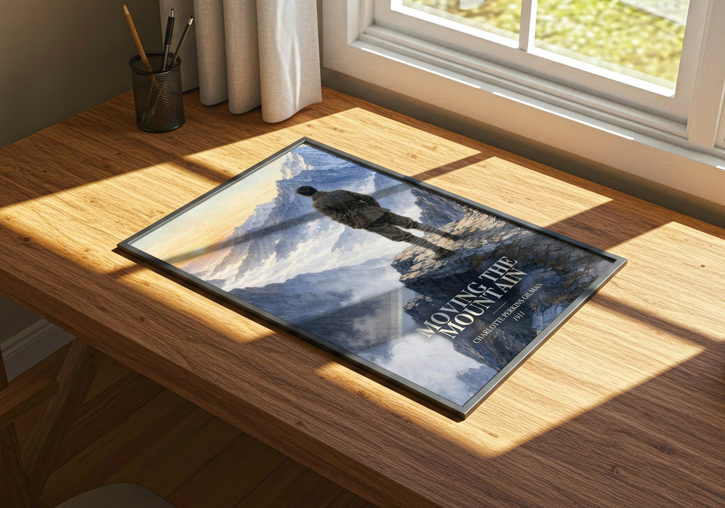 Moving The Mountain watercolour book poster framed on wall – sci fi wall art