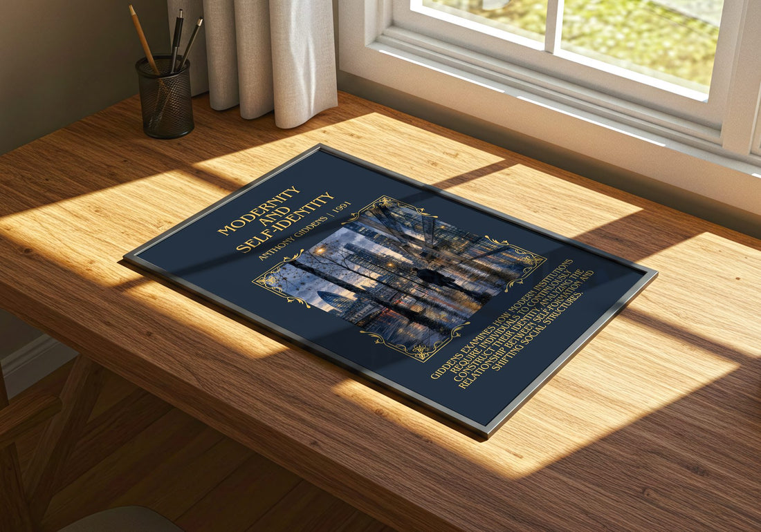 Modernity and self-identity Minimalist Book Poster by Anthony Giddens – print on a sunlit desk