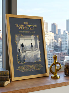 transformation of intimacy Minimalist Book Poster by Anthony Giddens – framed print on a city-view windowsill