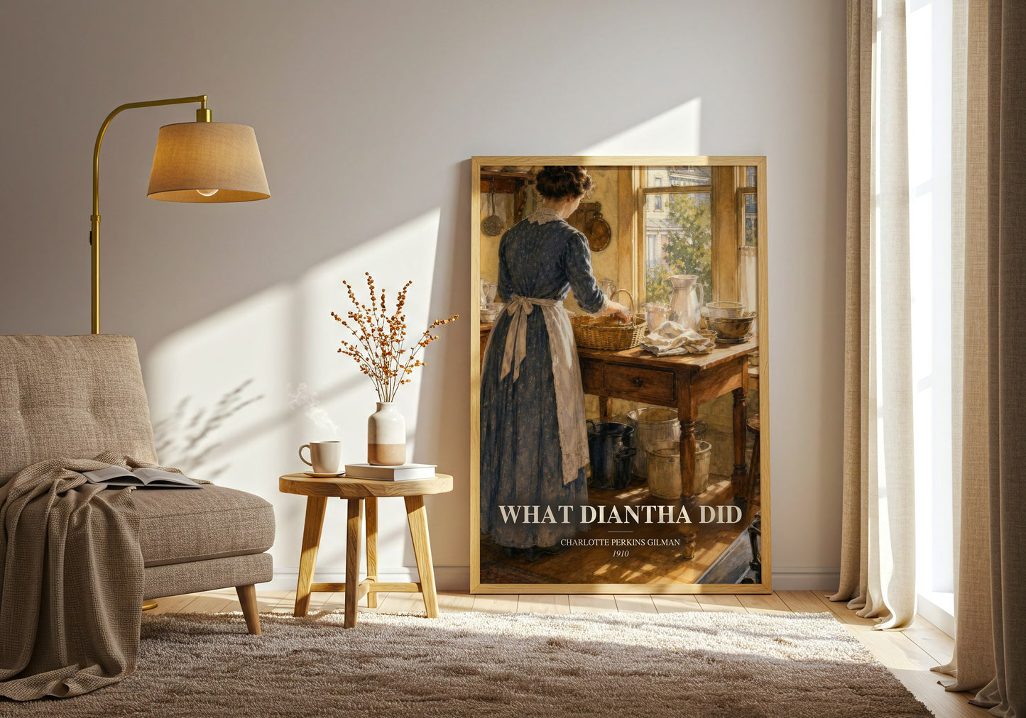 What Diantha Did watercolour print in frame leaning in hallway – literary fiction wall art