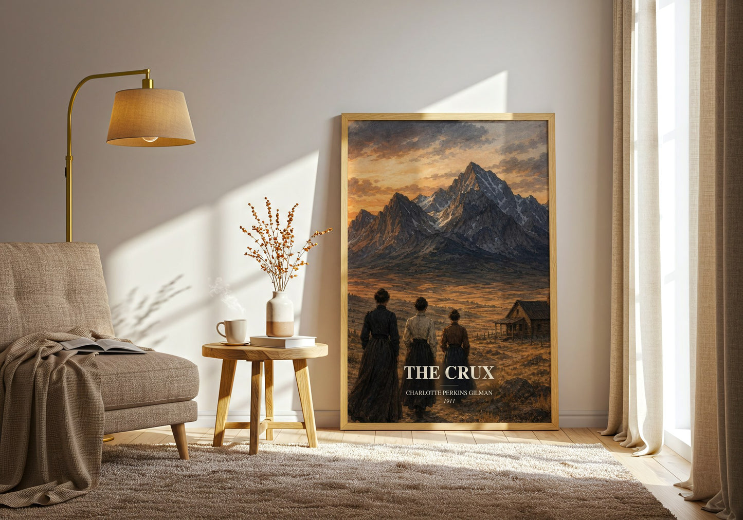 The Crux watercolour print in frame leaning in hallway – literary fiction wall art