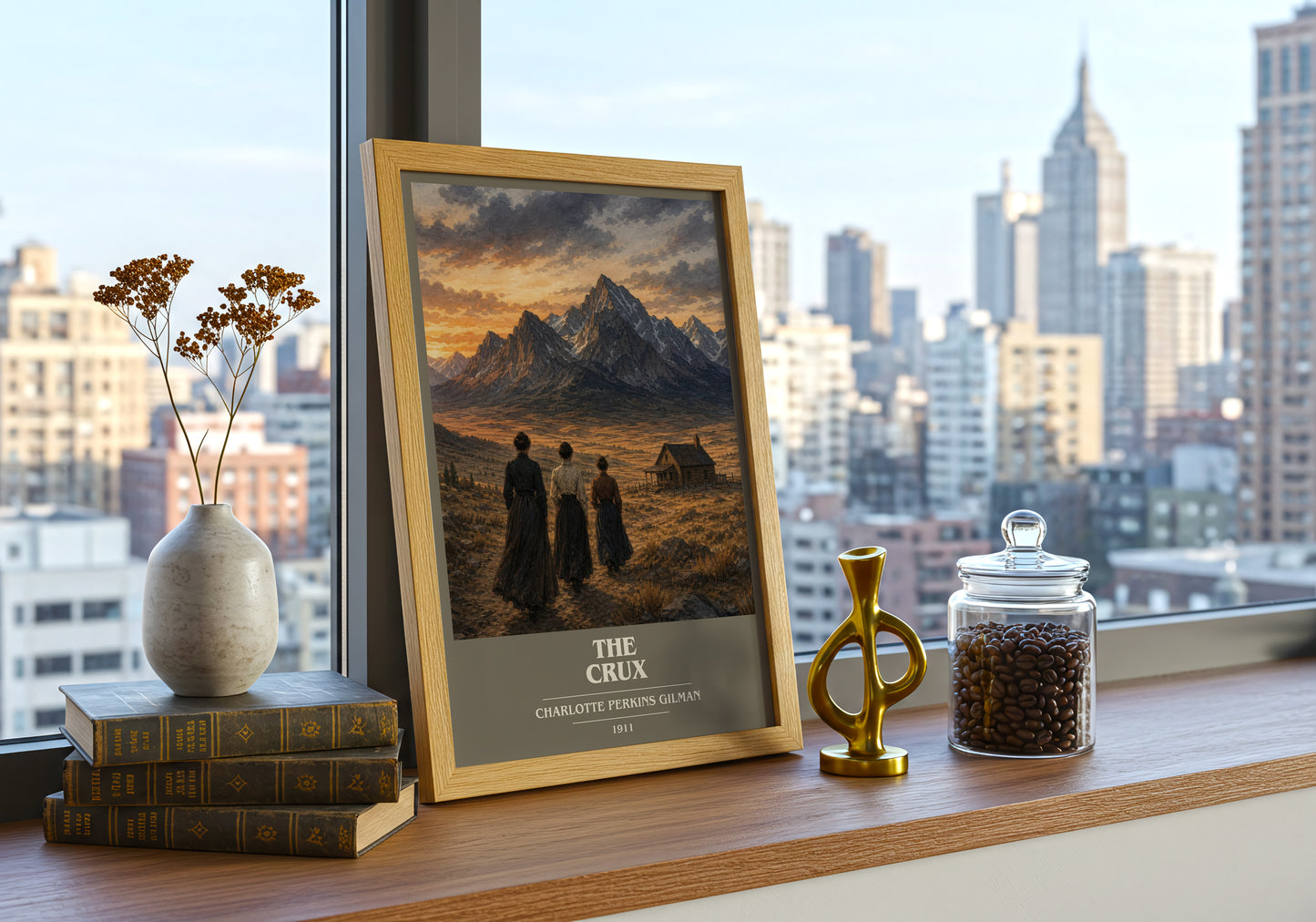The Crux book cover print framed by window – literary home decor