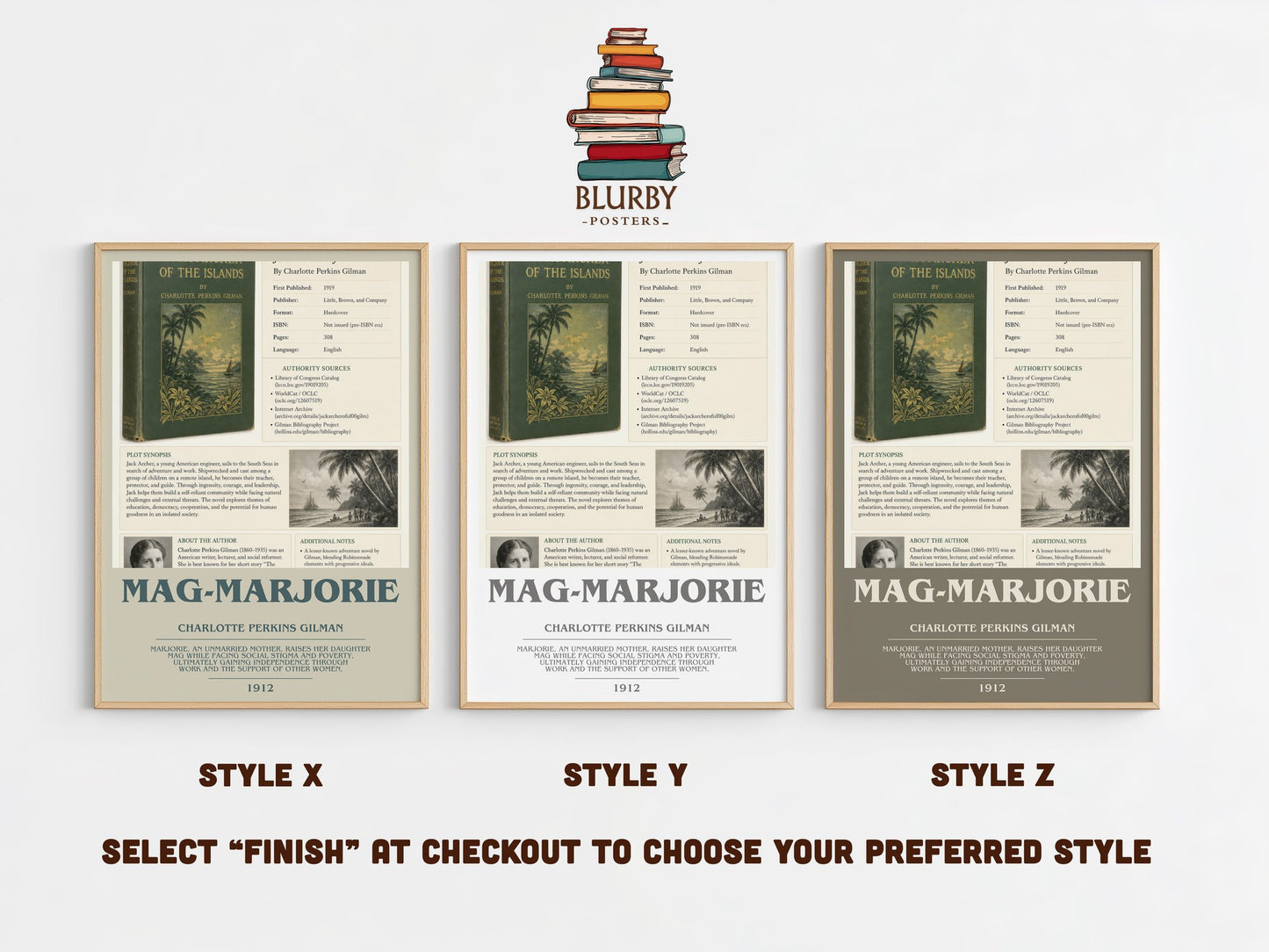 Mag-Marjorie bookish print in frame leaning in hallway – literary fiction wall art