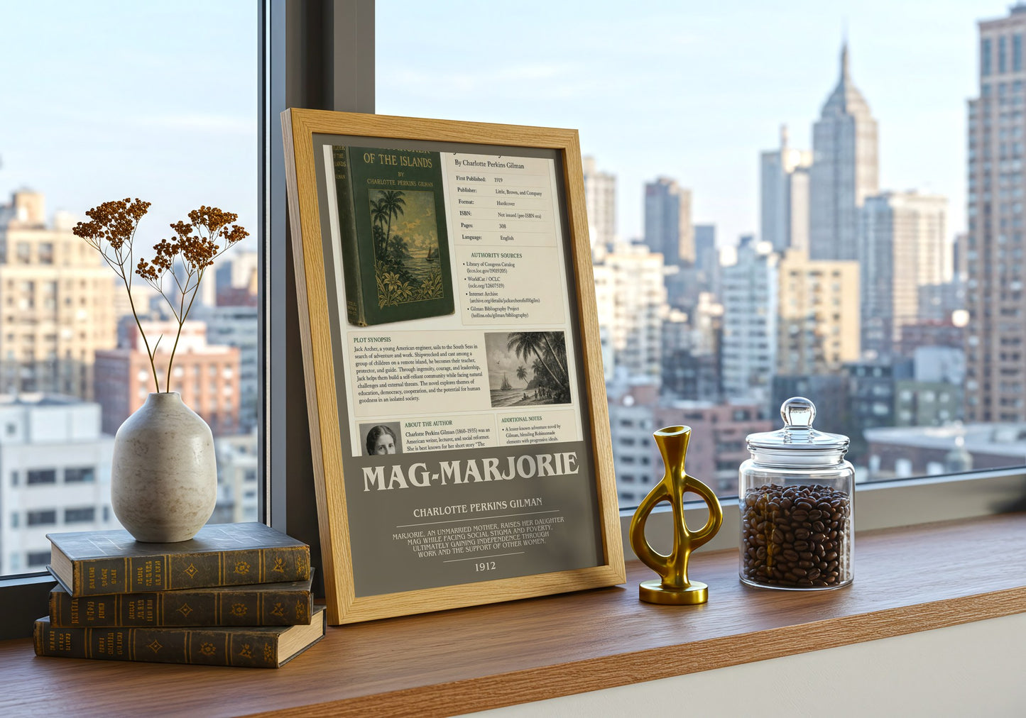 Mag-Marjorie bookish print framed by window – literary home decor