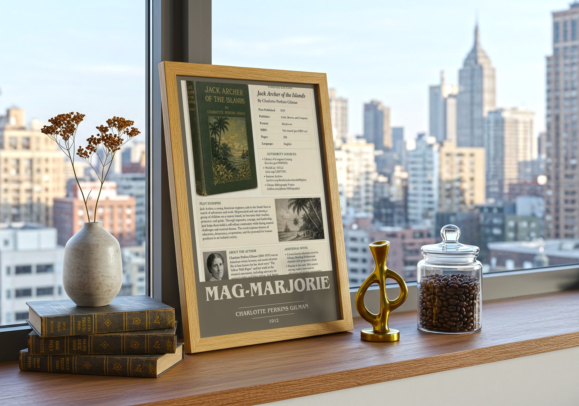 Mag-Marjorie book cover print framed by window – literary home decor