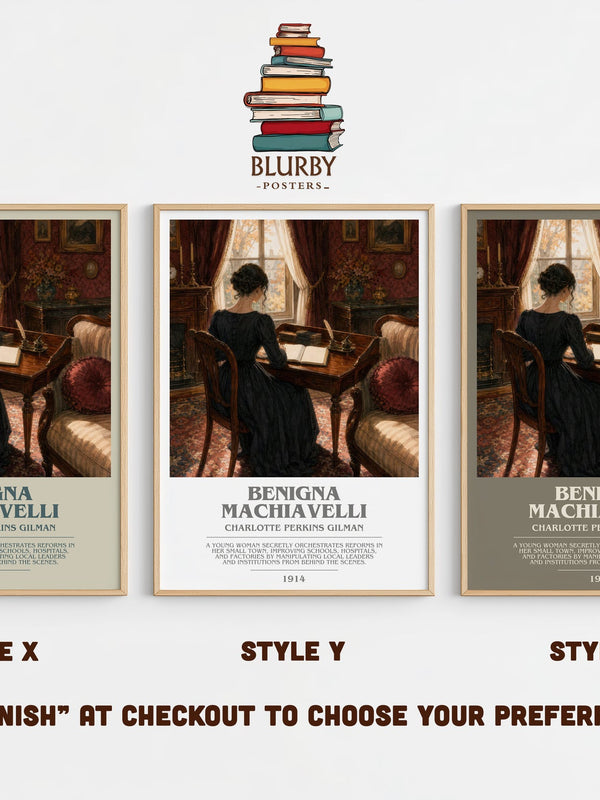 Benigna Machiavelli bookish print in frame leaning in hallway – literary fiction wall art