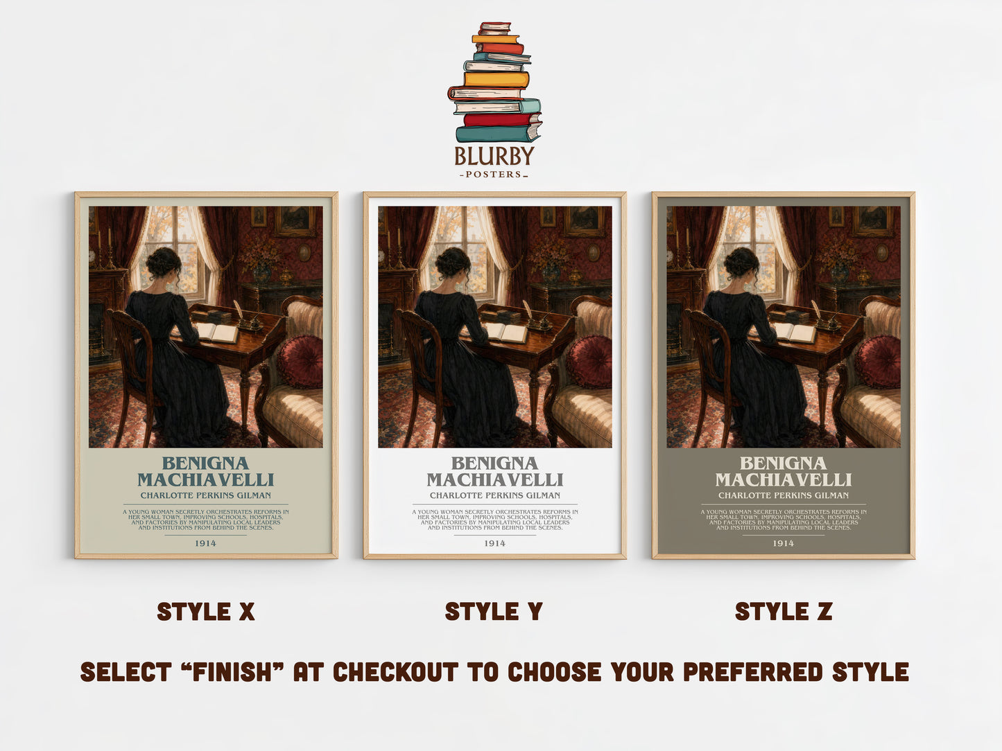 Benigna Machiavelli bookish print in frame leaning in hallway – literary fiction wall art