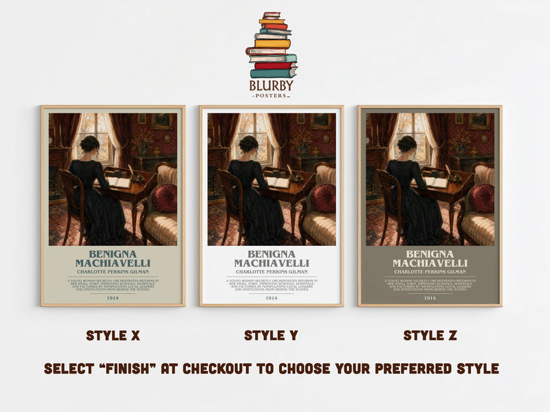 Benigna Machiavelli bookish print in frame leaning in hallway – literary fiction wall art