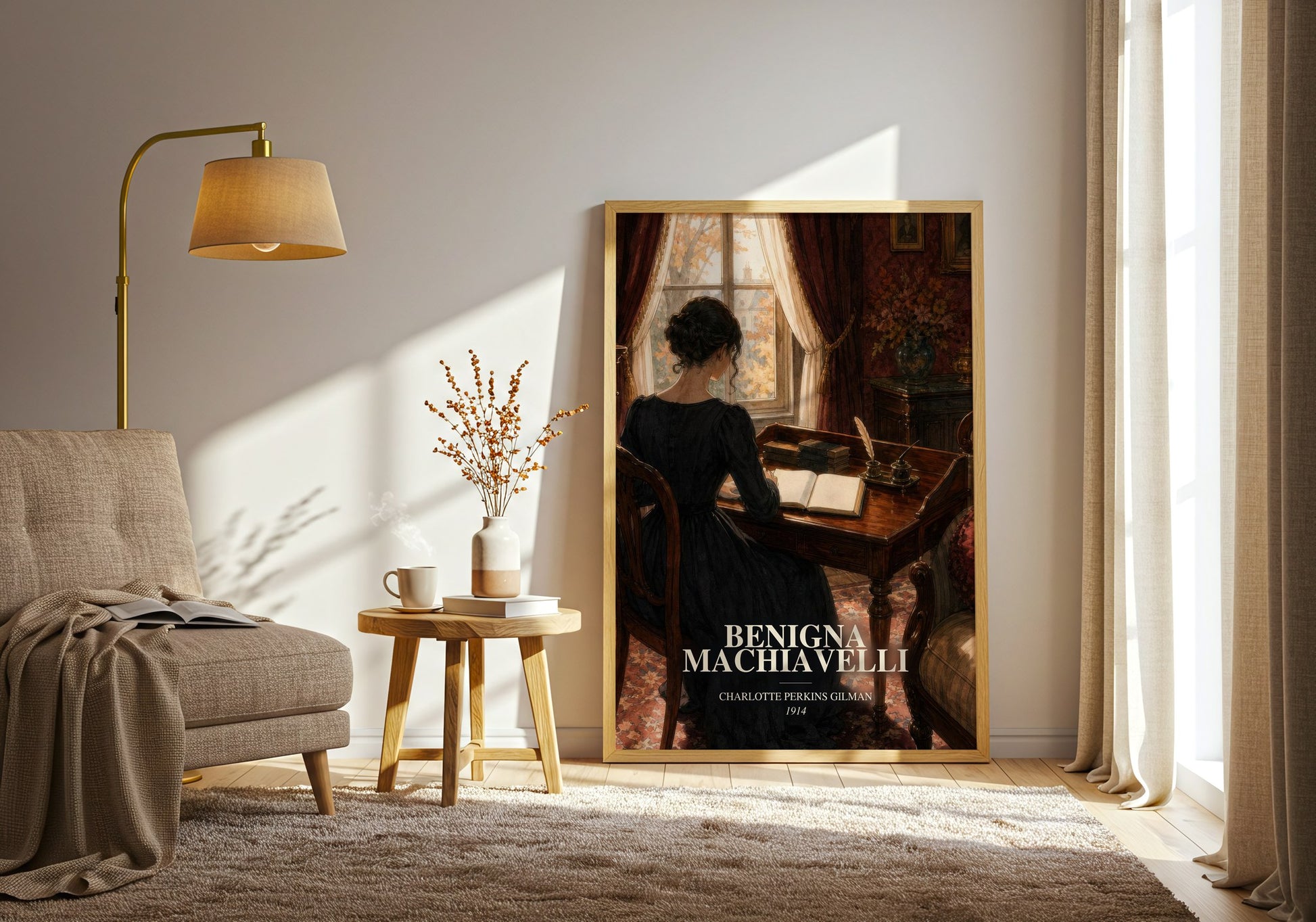 Benigna Machiavelli watercolour print in frame leaning in hallway – literary fiction wall art