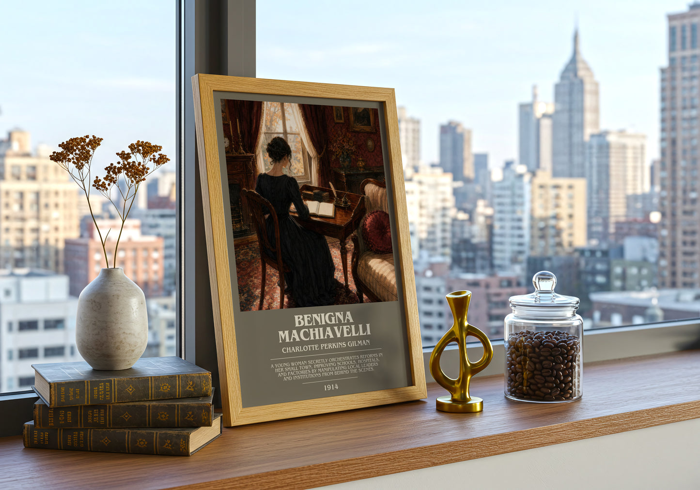 Benigna Machiavelli bookish print framed by window – literary home decor