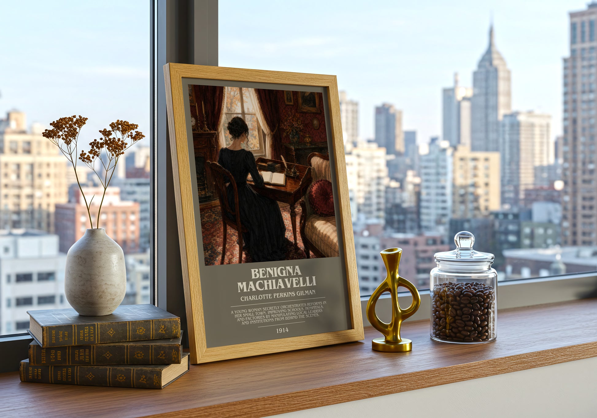 Benigna Machiavelli bookish print framed by window – literary home decor