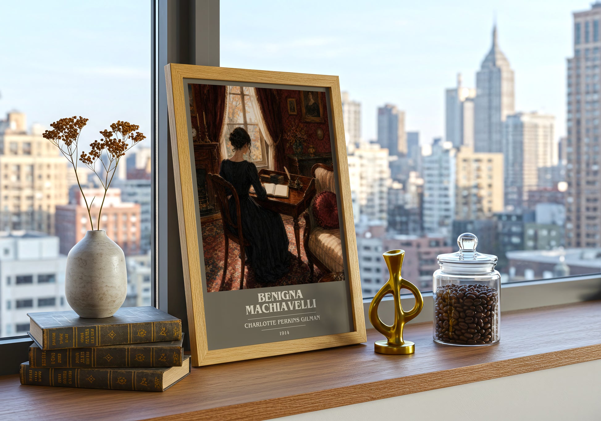 Benigna Machiavelli book cover print framed by window – literary home decor