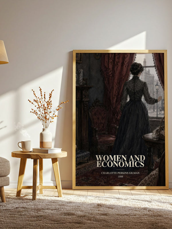 Women And Economics watercolour print in frame leaning in hallway – non fiction wall art