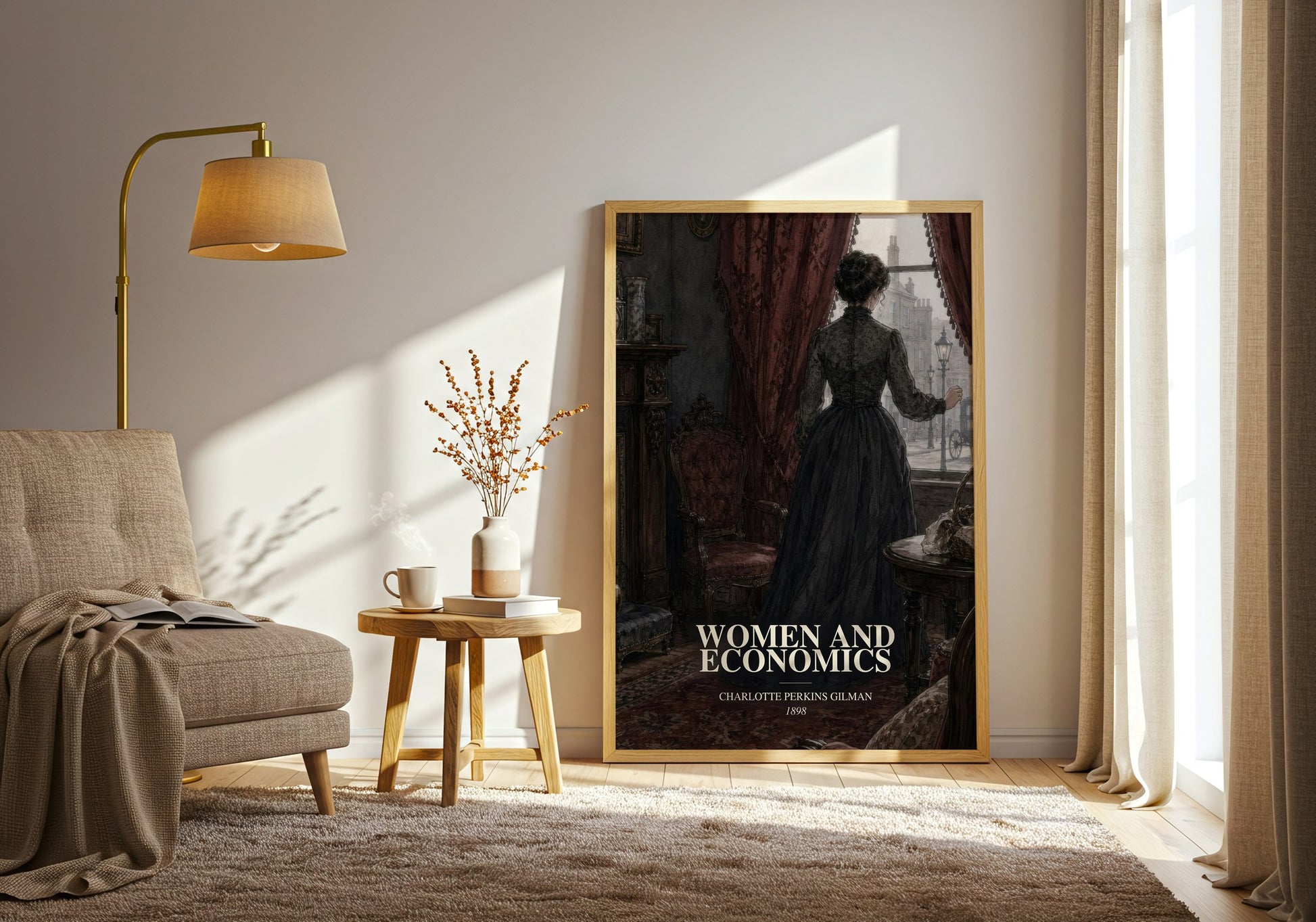 Women And Economics watercolour print in frame leaning in hallway – non fiction wall art