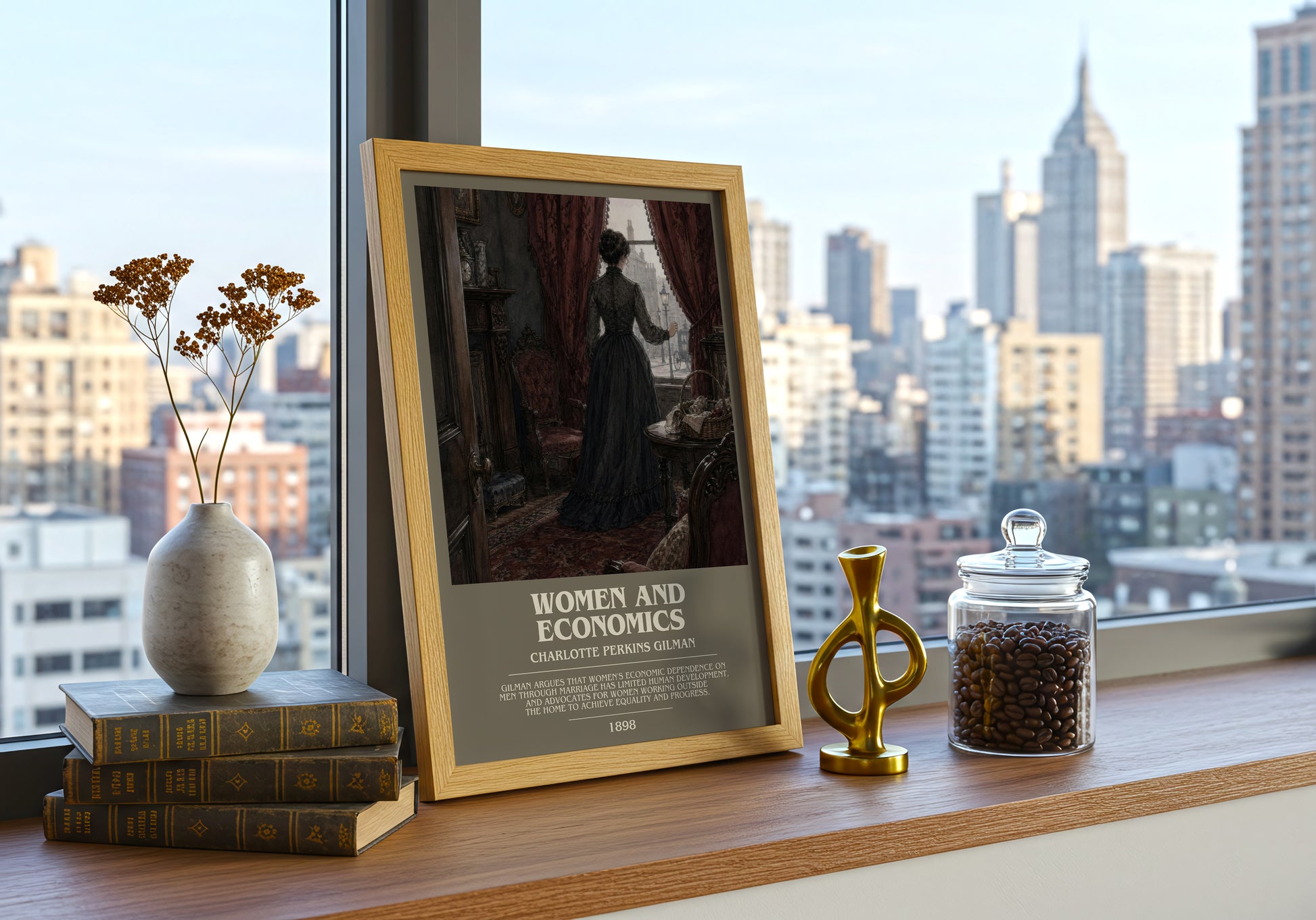 Women And Economics bookish print framed by window – literary home decor