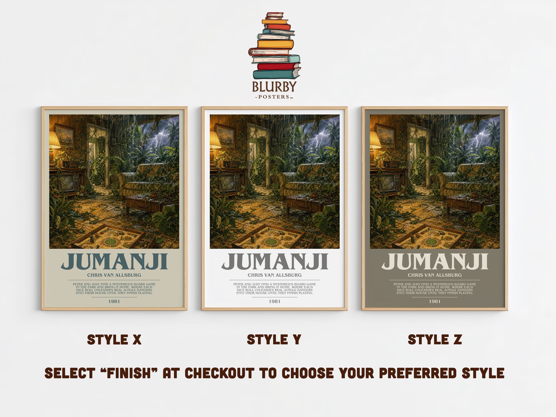 Jumanji bookish print in frame leaning in hallway – childrens wall art