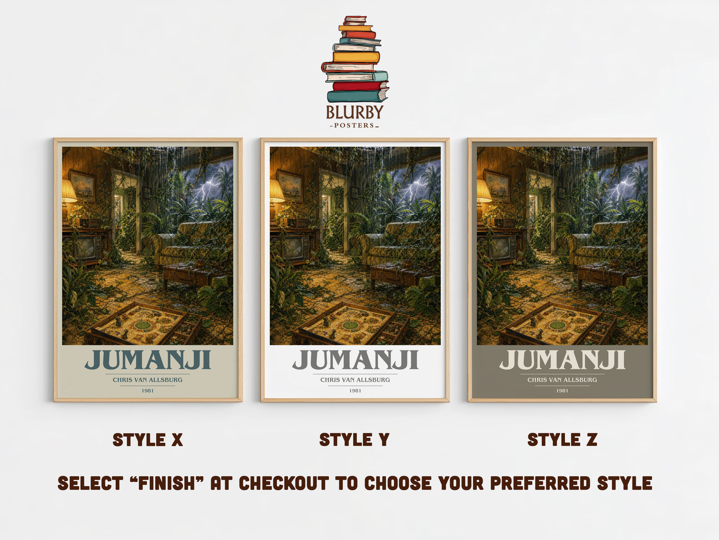 Jumanji book cover print in frame leaning in hallway – childrens wall art