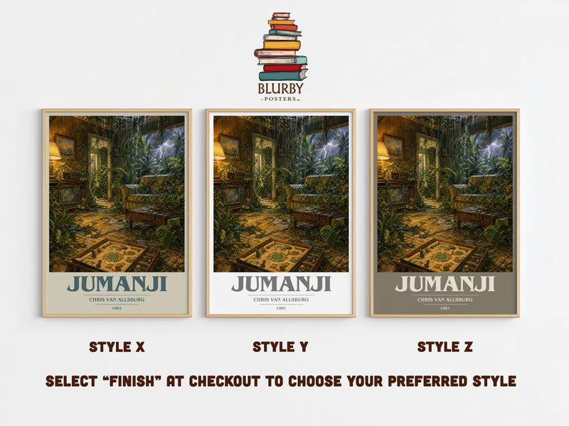 Jumanji book cover print in frame leaning in hallway – childrens wall art