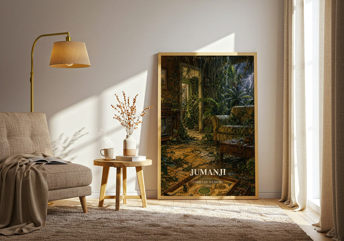 Jumanji watercolour print in frame leaning in hallway – childrens wall art (mockup)