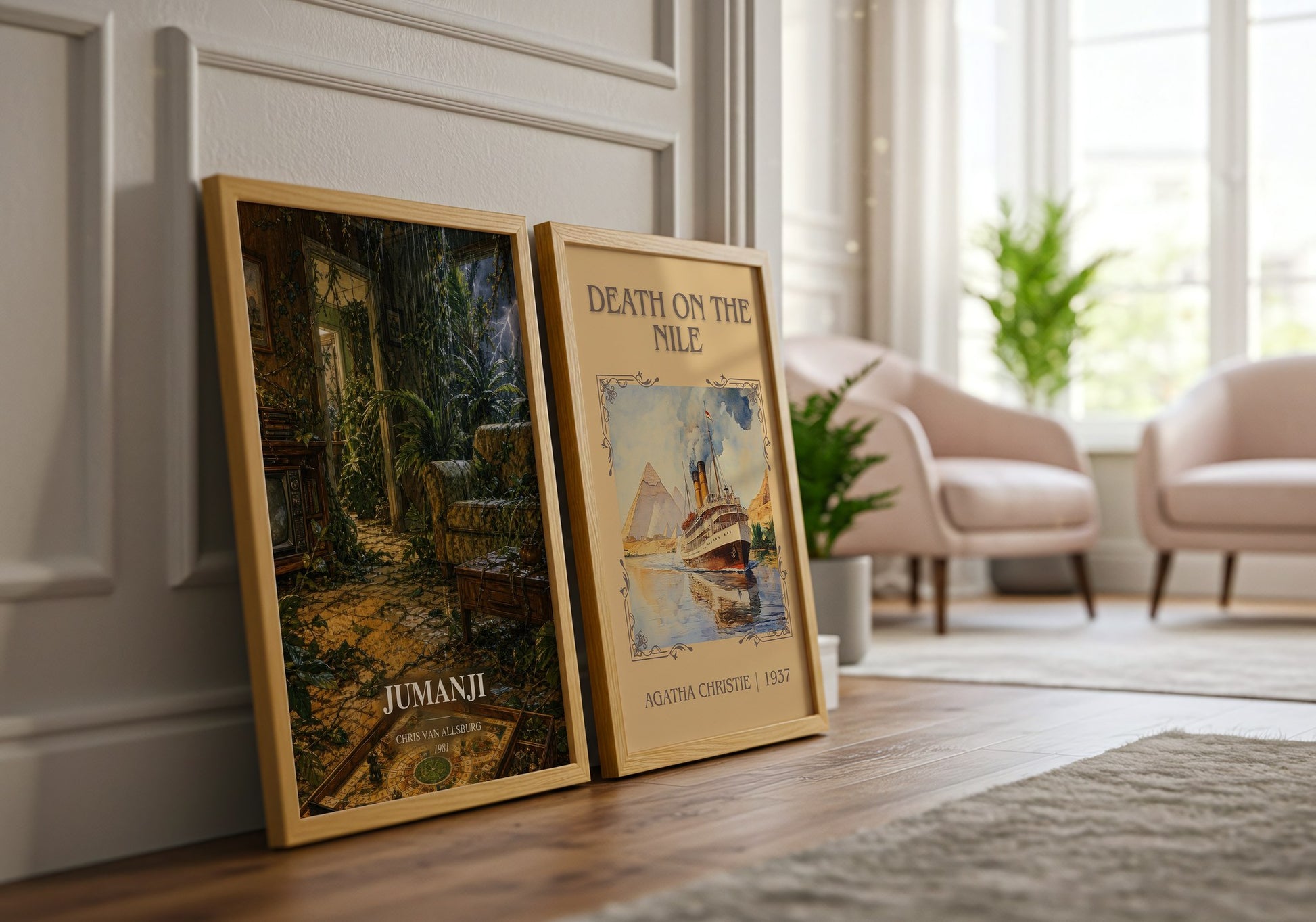Jumanji watercolour print framed by window – literary home decor