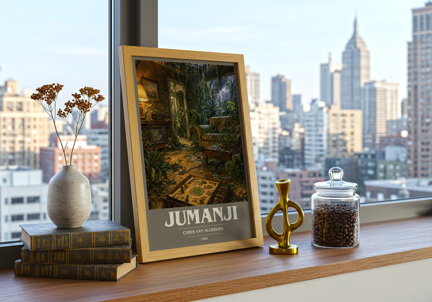 Jumanji book cover print framed by window – literary home decor