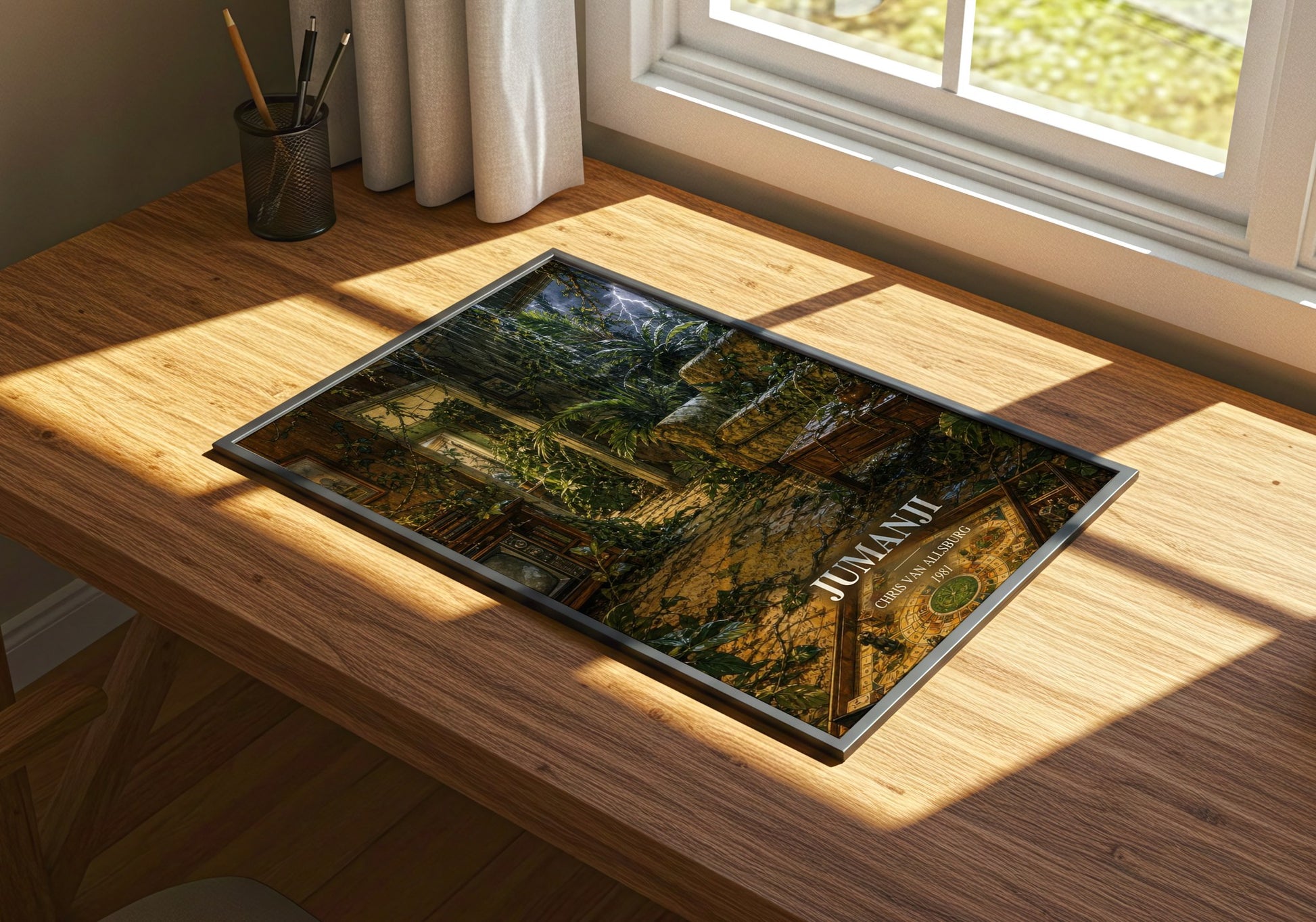 Jumanji watercolour book poster framed on wall – childrens wall art