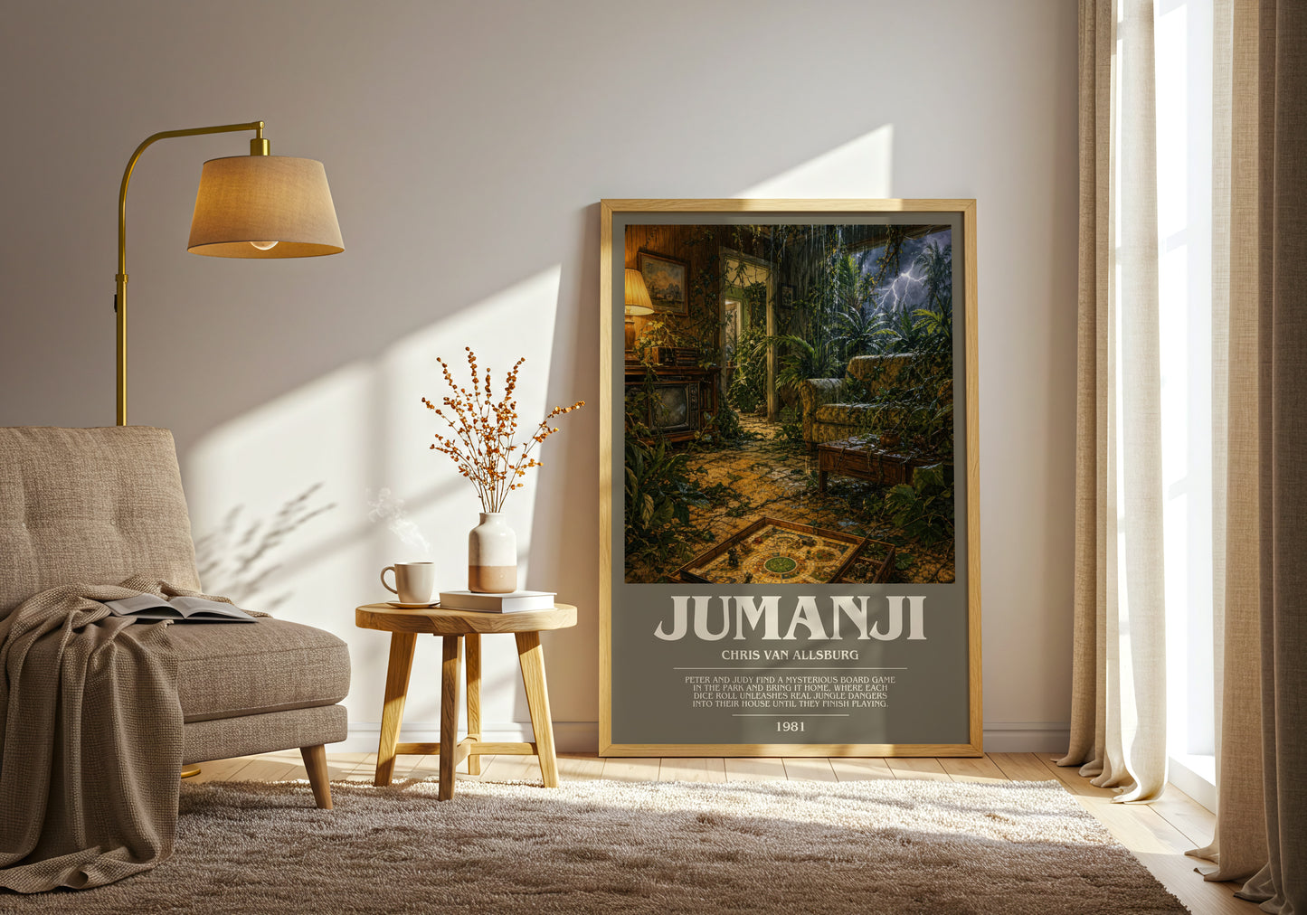 Jumanji bookish print on bookshelf – Chris Van Allsburg fan gift