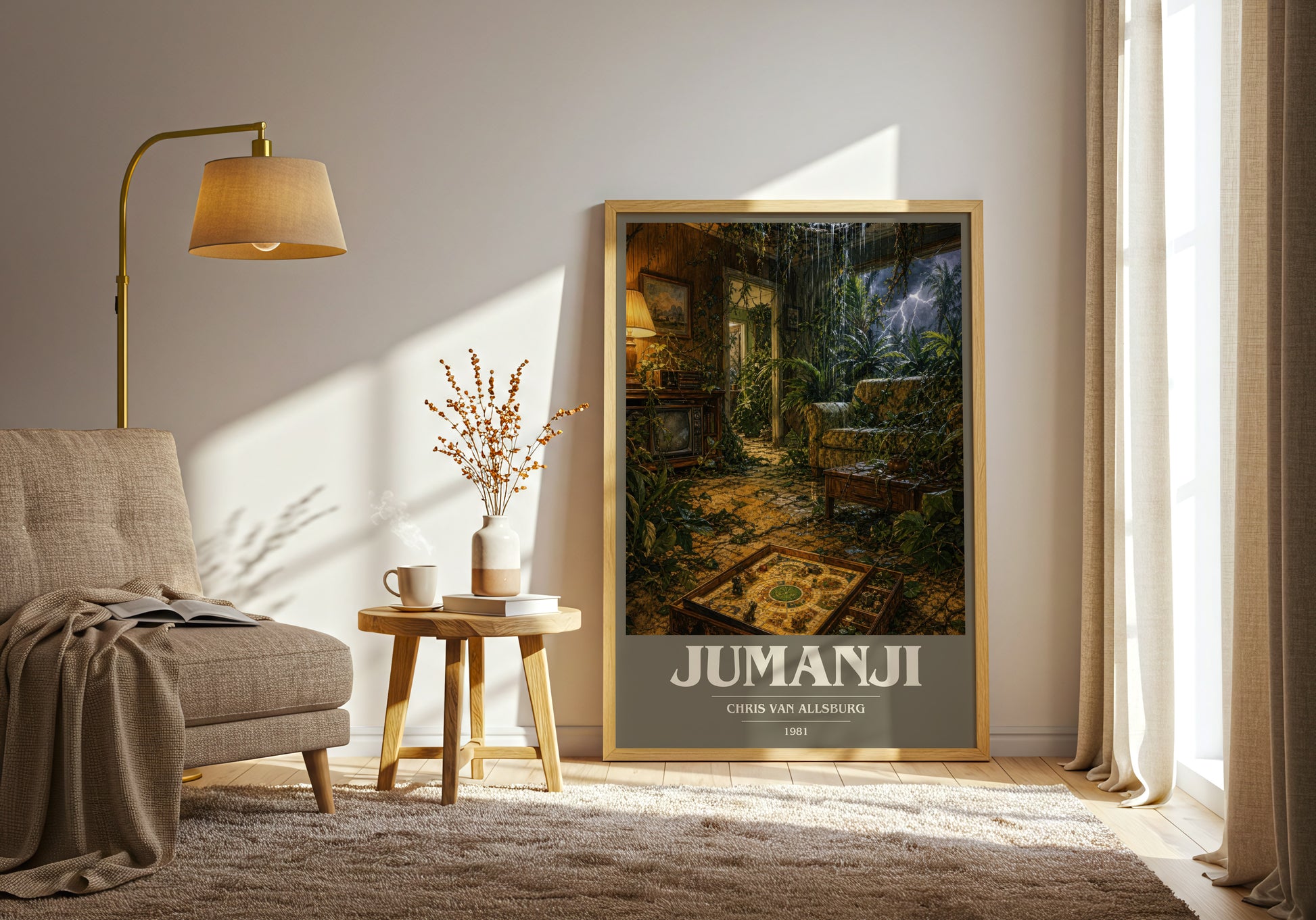 Jumanji book cover print on bookshelf – Chris Van Allsburg fan gift