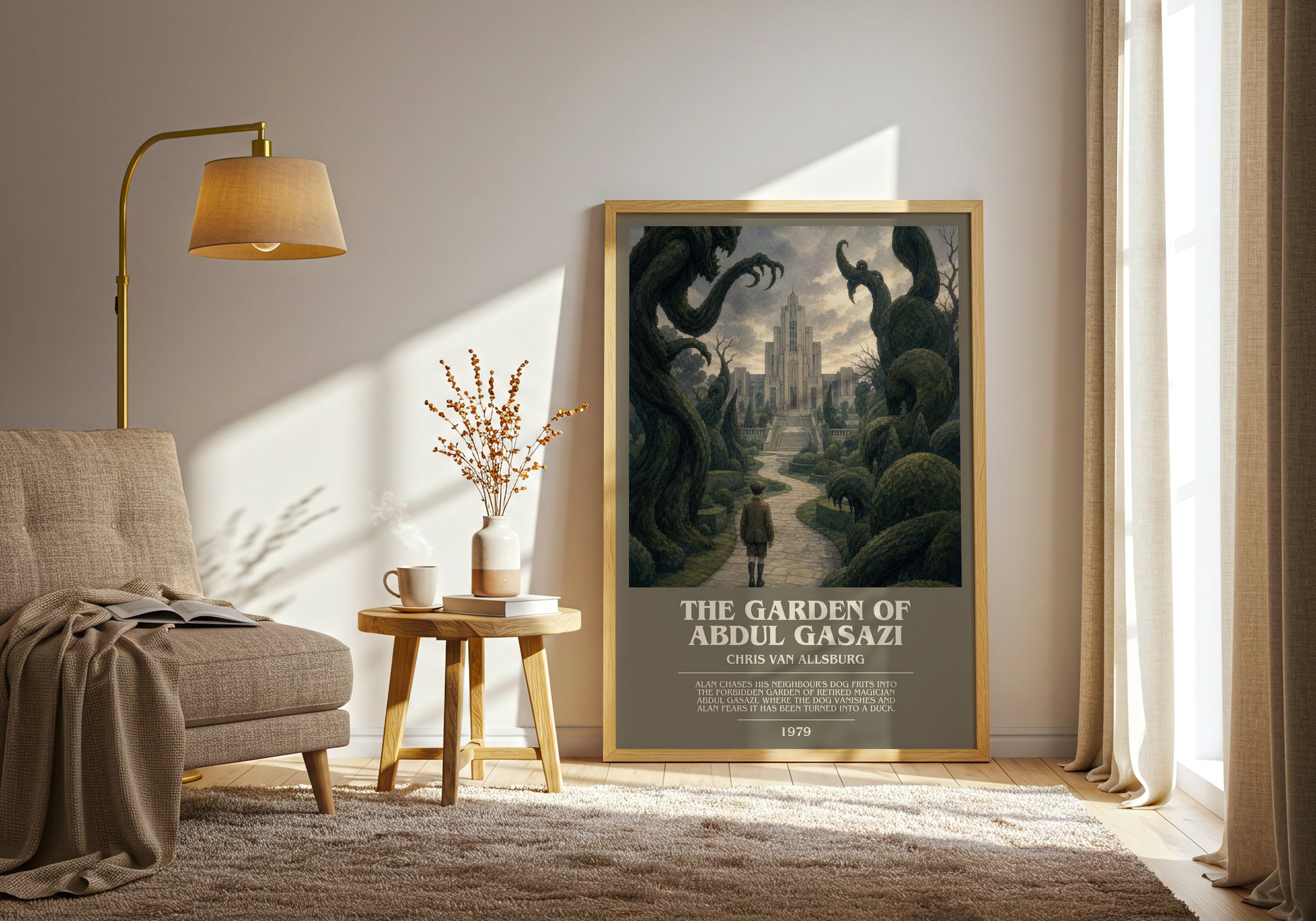 The Garden Of Abdul Gasazi bookish print on bookshelf – Chris Van Allsburg fan gift