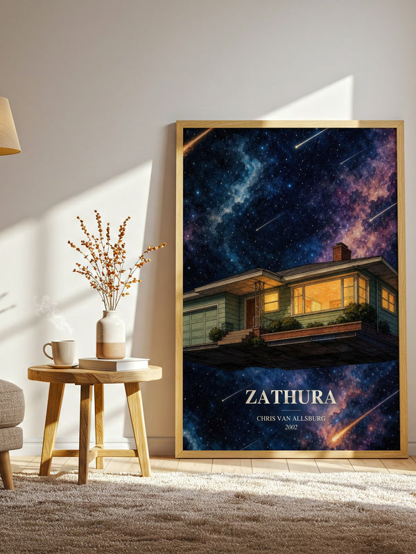 Zathura watercolour print in frame leaning in hallway – childrens wall art