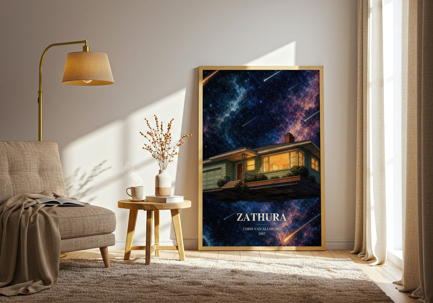 Zathura watercolour print in frame leaning in hallway – childrens wall art