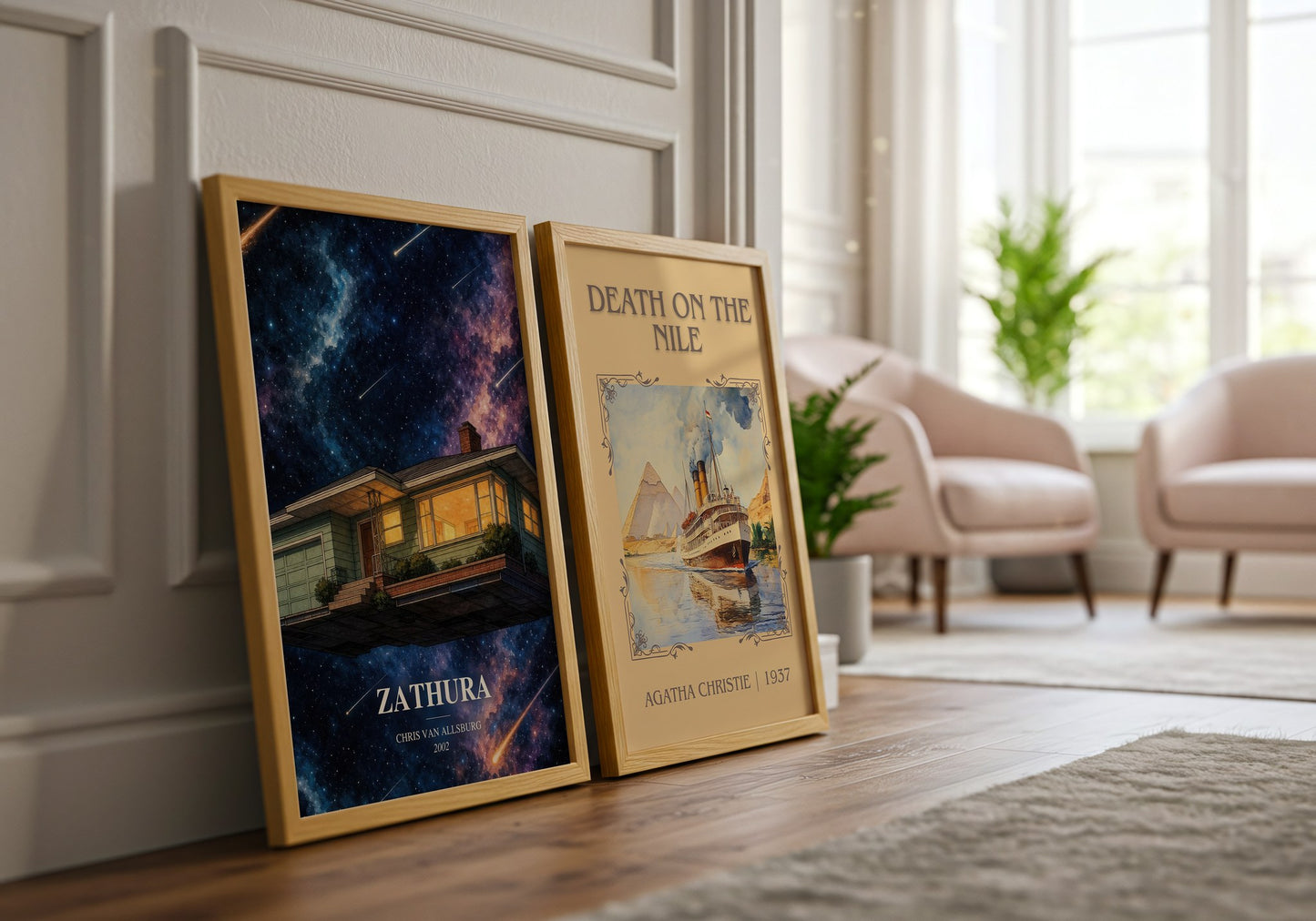 Zathura watercolour print framed by window – literary home decor