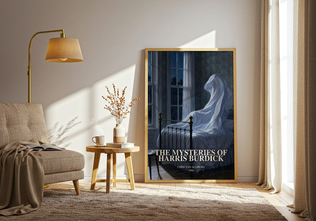 The Mysteries Of Harris Burdick watercolour print in frame leaning in hallway – childrens wall art (mockup)