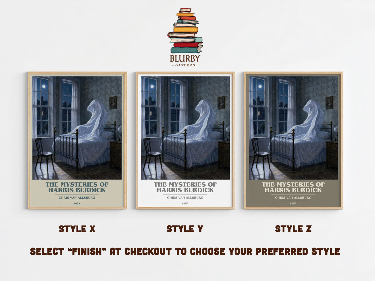 The Mysteries Of Harris Burdick book cover print in frame leaning in hallway – childrens wall art