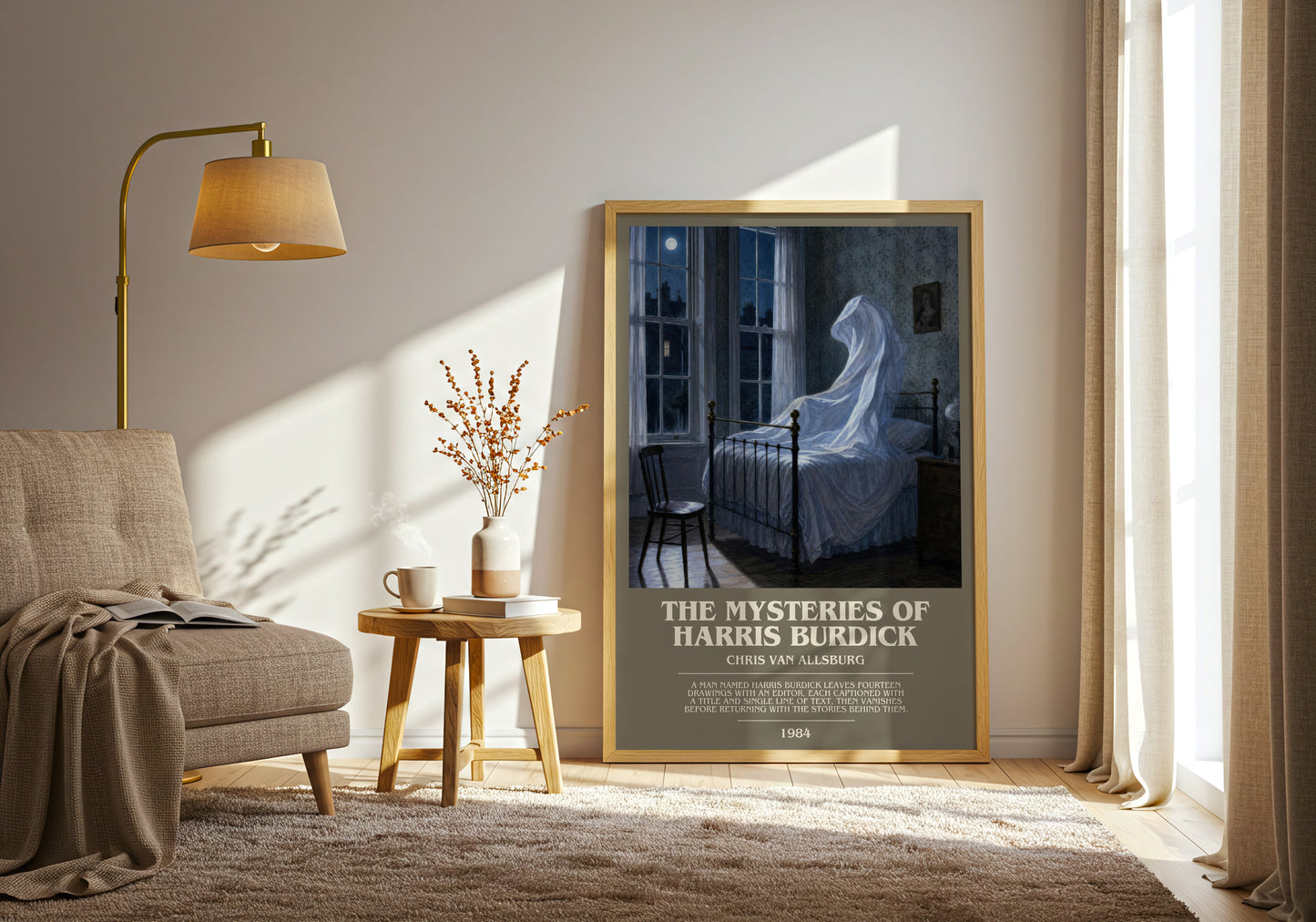 The Mysteries Of Harris Burdick bookish print on bookshelf – Chris Van Allsburg fan gift