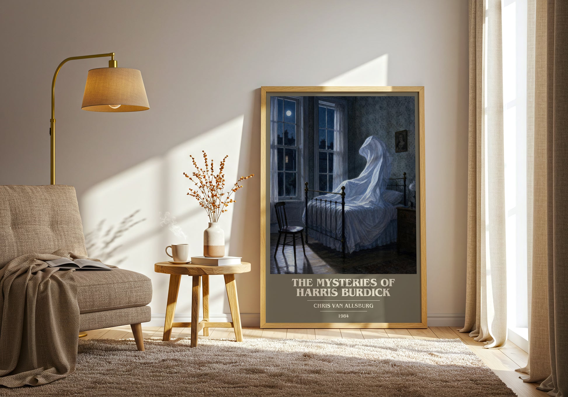 The Mysteries Of Harris Burdick book cover print on bookshelf – Chris Van Allsburg fan gift