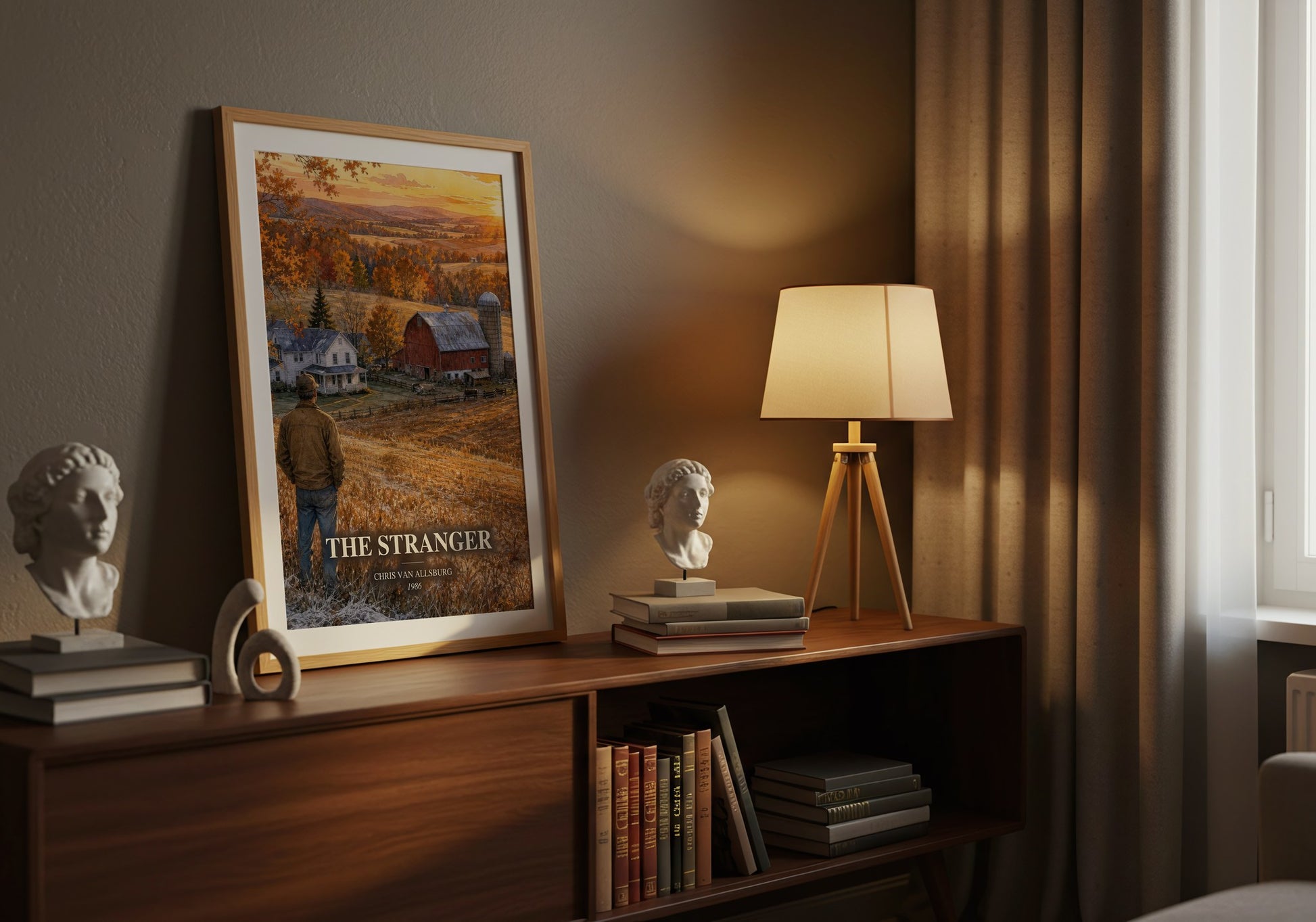 The Stranger watercolour print on bookshelf – Chris Van Allsburg fan gift