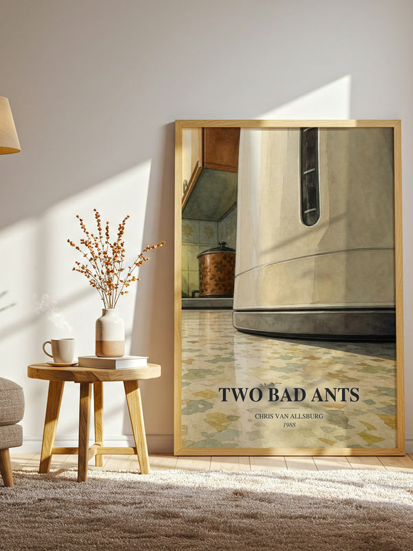Two Bad Ants watercolour print in frame leaning in hallway – childrens wall art