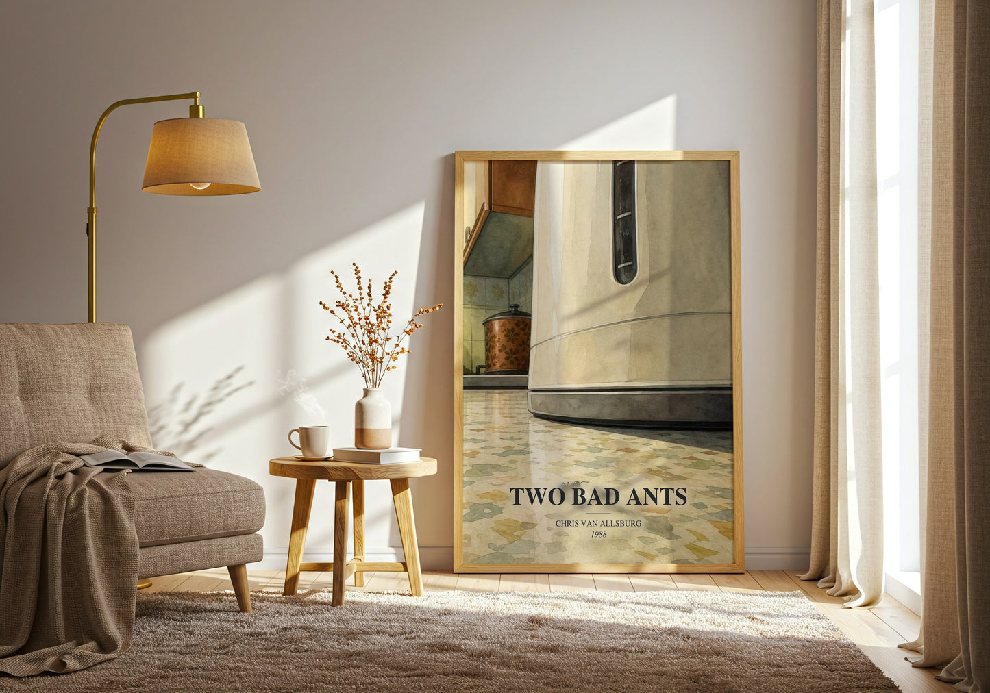 Two Bad Ants watercolour print in frame leaning in hallway – childrens wall art