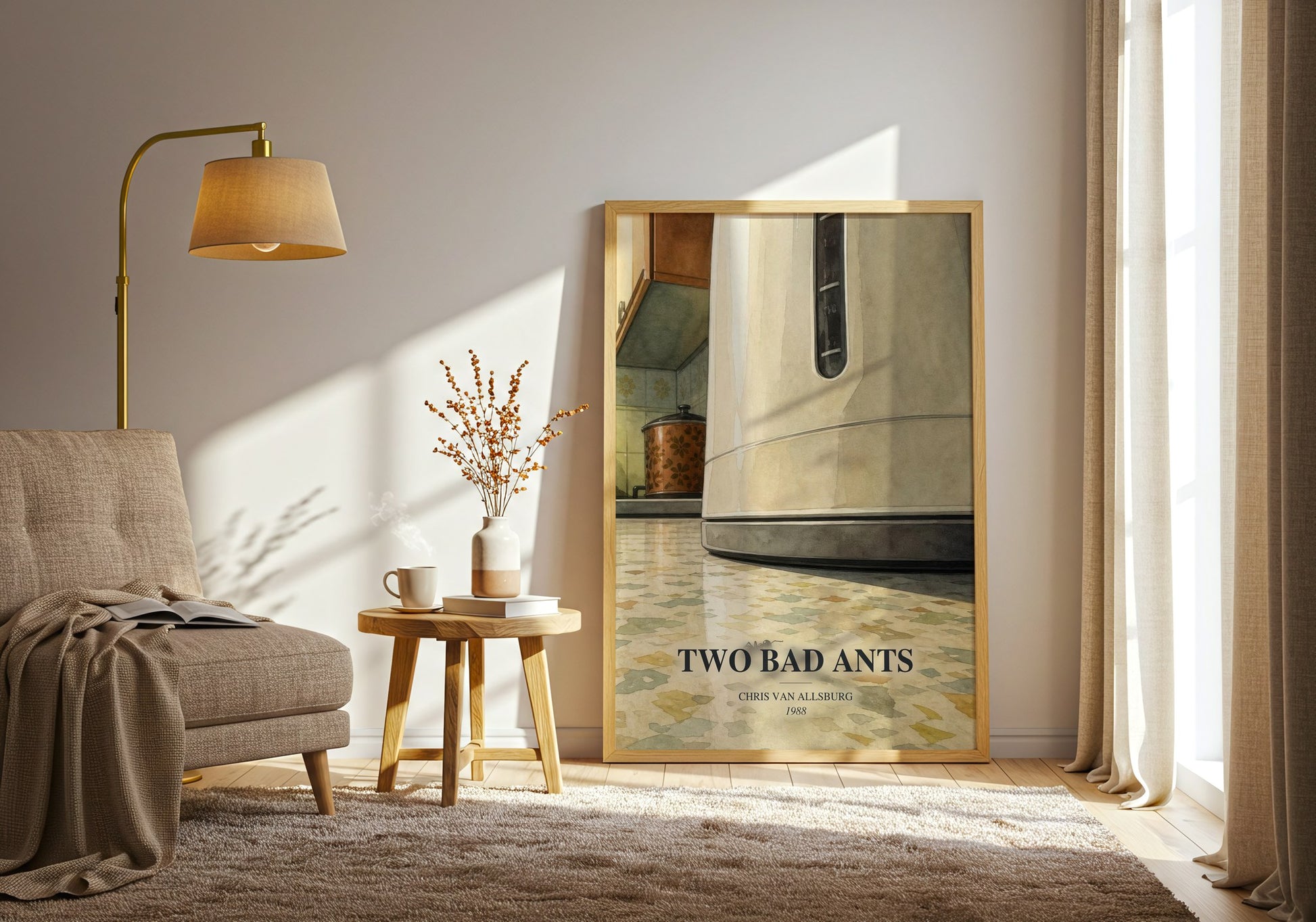 Two Bad Ants watercolour print in frame leaning in hallway – childrens wall art