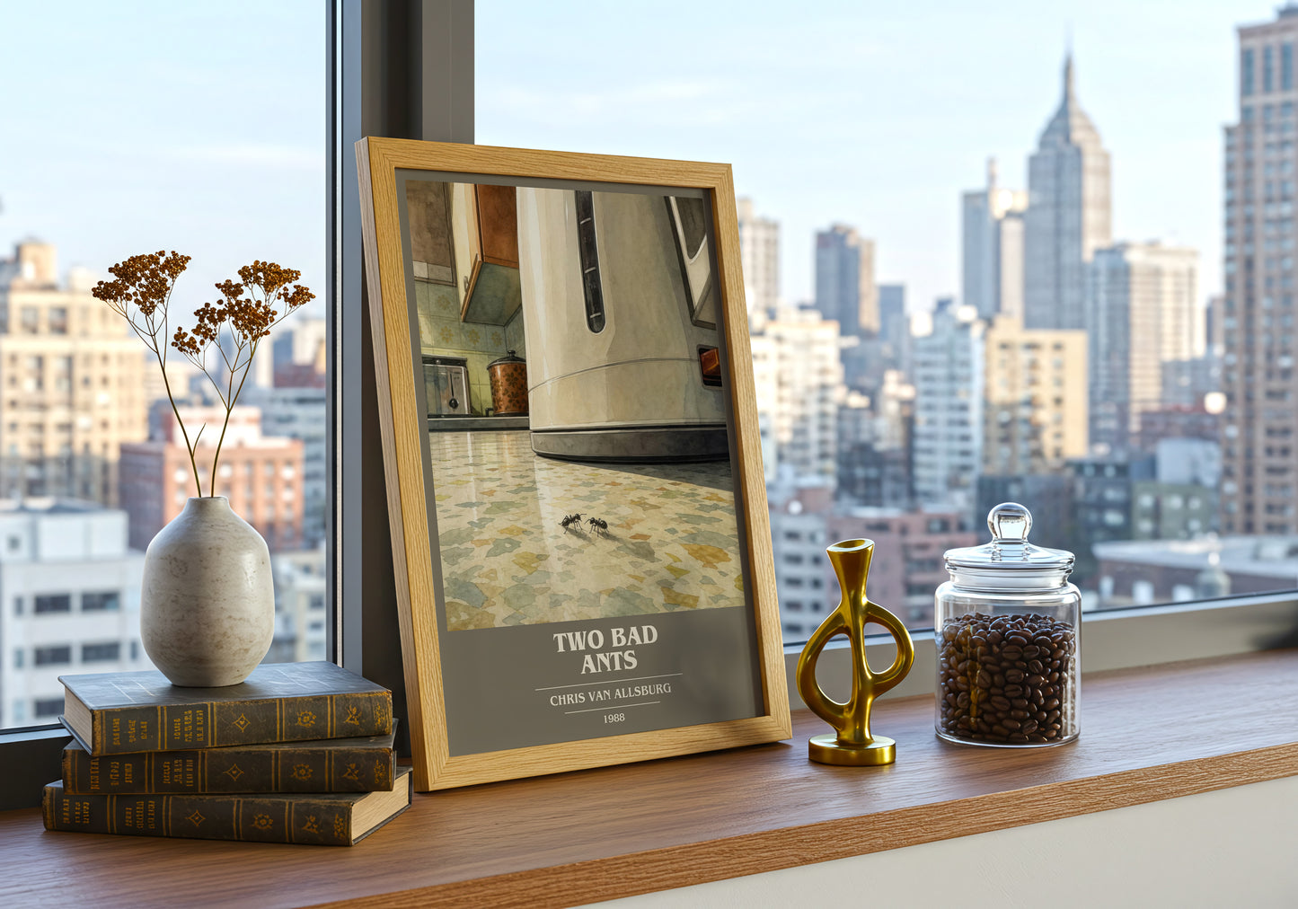 Two Bad Ants book cover print framed by window – literary home decor