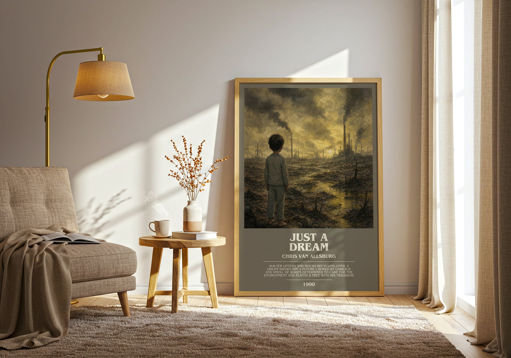 Just A Dream bookish print on bookshelf – Chris Van Allsburg fan gift