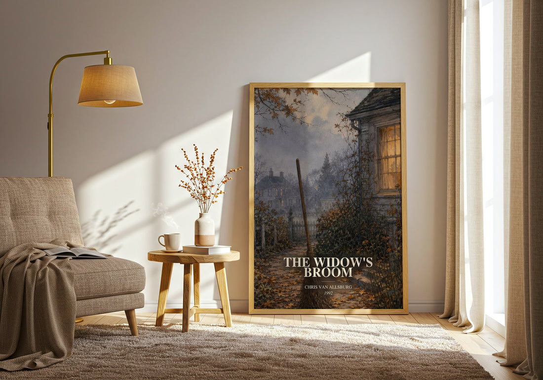 The Widow'S Broom watercolour print in frame leaning in hallway – childrens wall art (mockup)