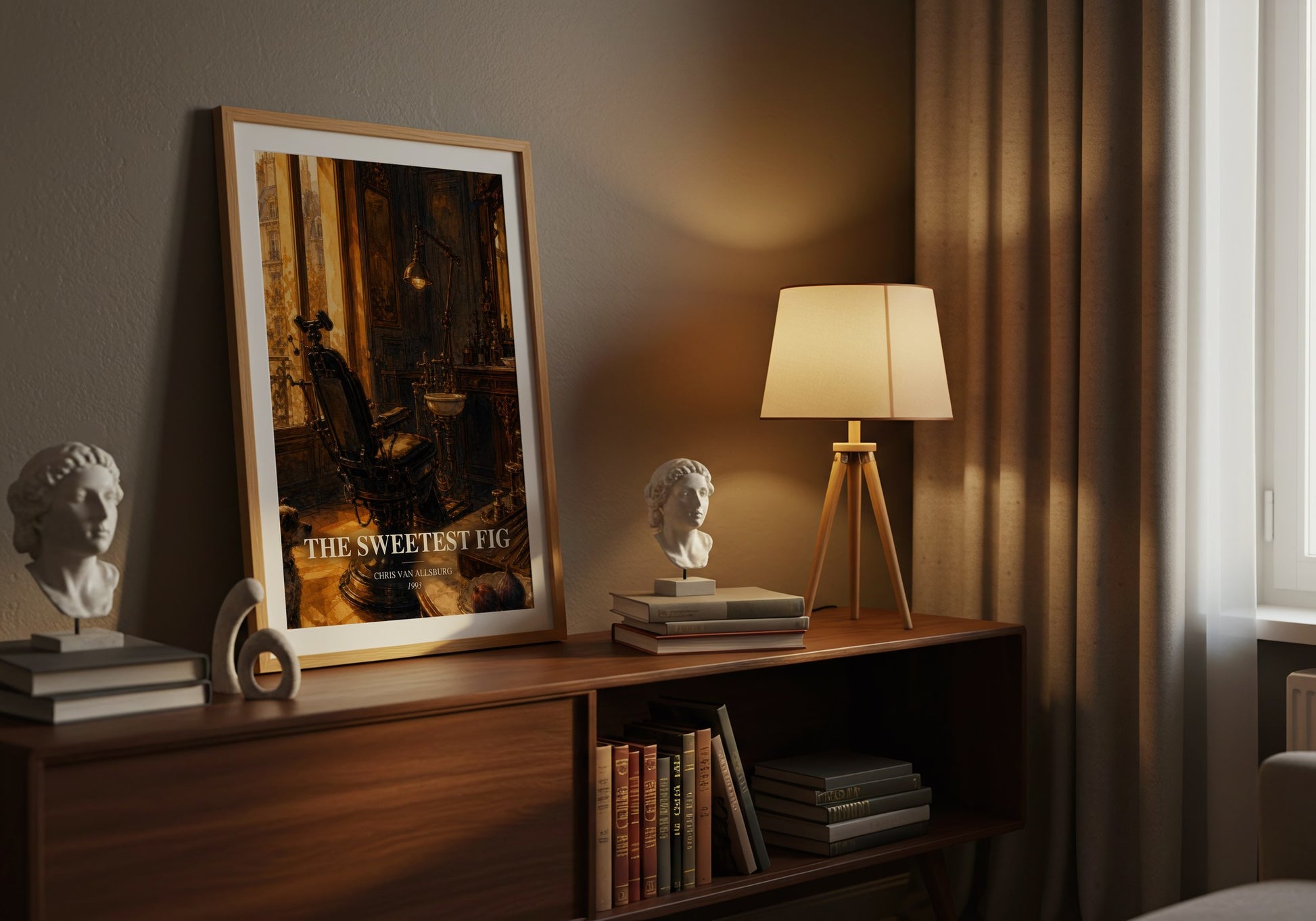 The Sweetest Fig watercolour print on bookshelf – Chris Van Allsburg fan gift