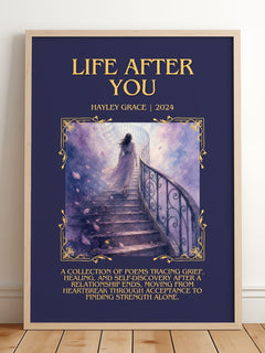 life after you Minimalist Book Poster by Hayley Grace – framed print leaning on a wooden floor