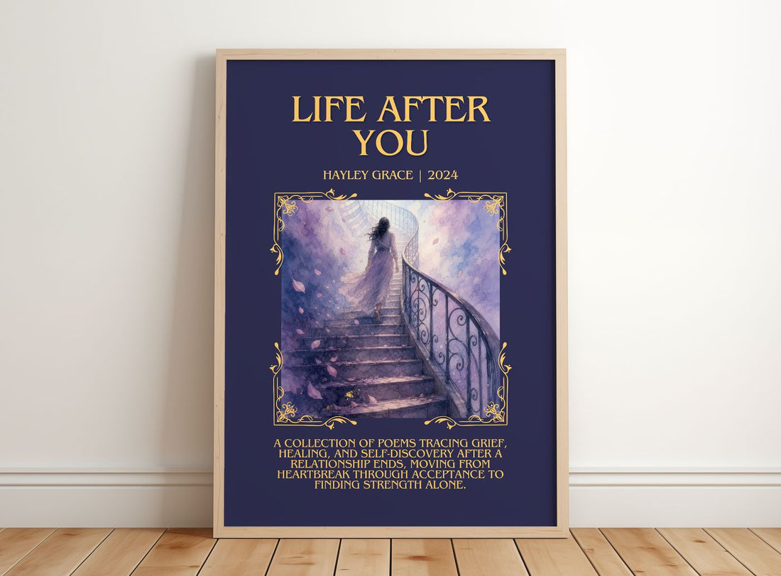 life after you Minimalist Book Poster by Hayley Grace – framed print leaning on a wooden floor
