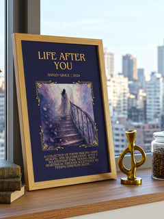 life after you Minimalist Book Poster by Hayley Grace – framed print on a city-view windowsill